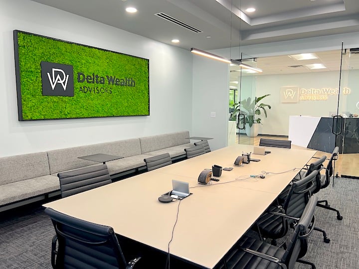 Delta Wealth Advisors - Moss Wall with Logo in conference room near Indianapolis, Indiana Keystone at the Crossing