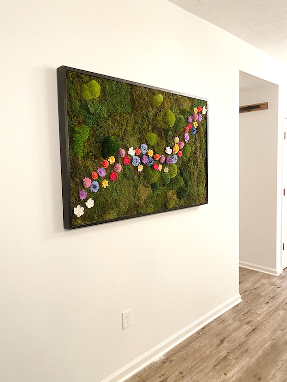 Moss Wall Art with colorful, dried flowers