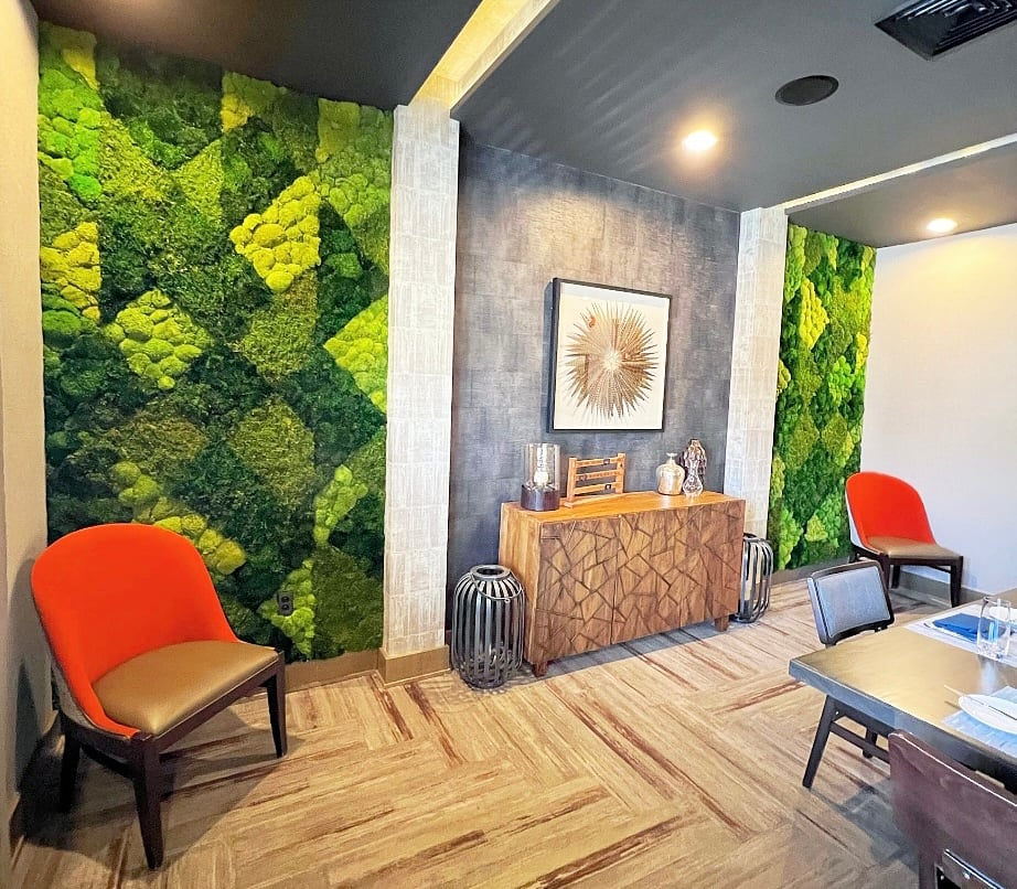 Moss Wall design in private dining area of Vida restaurant in Downtown Indianapolis